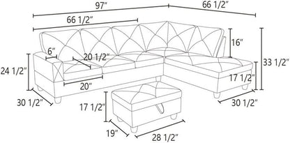 Dark Grey L-Shaped 3-Piece Flannelette Sofa with Storage Ottoman Set, Sectional Couch Sofa Set for Living Room, Office, Small Space