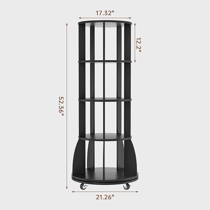 4 Tier Rotating Bookshelf with Brake Wheels, 360° Spinning Bookcase, Vertical Floor Standing Revolving Bookshelf Organizer for Small Spaces, Corner, Living Room, Bedroom, Black
