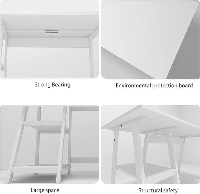 Natwind 47" White Desk with 2-Tier Storage Shelves,Home Office Computer Desk, Study Table for Kids Student Girls,Writing Desk,Modern Simple Basic Desk Workstation for Bedroom Home Office