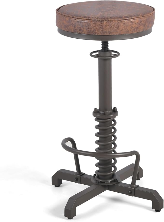 American Antique Steampunk Bar Stool 24.41"-28.35" Vintage Industrial Adjustable Swivel Backless Counter Stool for Home, Dining, Breakfast, Pub, (Heavy Duty Metal & Faux Leather, Brown & Maroon Top)