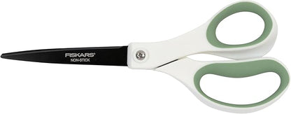Fiskars Everyday Fashion Scissors, 8" Non-Stick Stainless Steel Blades, White and Green, Cuts Sticky Materials Like Tape and Glue