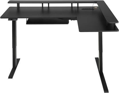 VEVOR L Shaped Desk, Electric Adjustable Height Corner Gaming Desk with Keyboard Tray and Dual Hooks, Heavy Duty L-Shaped Computer Table with Light Strip for Home Office, Easy to Assemble, Black