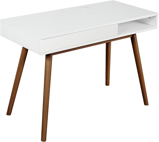 Artswish White Writing Desk with Drawers Mid Century Modern Desk, Wood Office Computer Desks for Small Space, White Desks with Walnut Legs