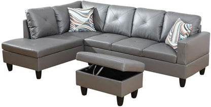 Dark Grey L-Shaped 3-Piece Faux Leather Sofa with Storage Ottoman Set, Sectional Couch Sofa Set for Living Room, Office, Small Space