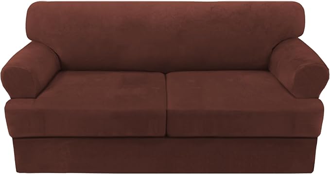 H.VERSAILTEX Sofa Cover 3 Piece T Cushion Loveseat Slipcovers Thick Velvet Couch Cover Stretch T Cushion Sofa Covers for 2 Cushion Couch with 2 Individual T Cushion Covers, Burnt Brick