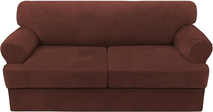 H.VERSAILTEX Sofa Cover 3 Piece T Cushion Sofa Slipcovers Thick Velvet Couch Cover Stretch T Cushion Sofa Covers for 2 Cushion Couch with 2 Individual T Cushion Covers, Burnt Brick
