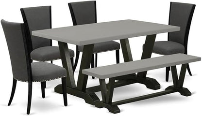 East West Furniture V696VE650-6 6 Piece Dining Set Contains a Rectangle Dining Room Table with V-Legs and 4 Dark Gotham Linen Fabric Upholstered Chairs with a Bench, 36x60 Inch, Multi-Color