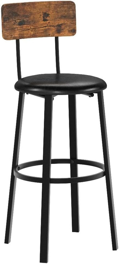 VASAGLE Bar Stools, Set of 2 PU Upholstered Breakfast Stools, 29.7 Inches Barstools with Back and Footrest, Simple Assembly, for Dining Room Kitchen Counter Bar, Rustic Brown and Black ULBC069B81