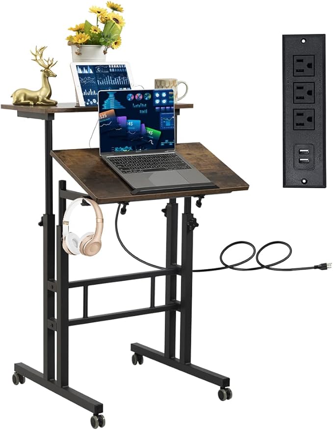 Hadulcet Mobile Standing Desk with Charging Station, Adjustable Standing Computer Desk, Standing Adjustable Laptop Cart with Wheels for Home Office Classroom Rustic Brown