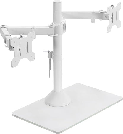 VIVO Freestanding Dual Monitor Stand with Sleek Glass Base and Adjustable Arms, Mounts 2 Screens up to 32 inch and 22 lbs Each, White, STAND-V002FGW