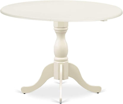 East West Furniture DMAB3-LWH-02 3 Piece Dining Table Set Contains a Round Dining Room Table with Dropleaf and 2 Light Beige Linen Fabric Upholstered Chairs, 42x42 Inch, Linen White