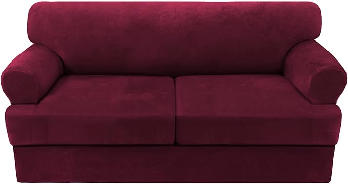 H.VERSAILTEX Sofa Cover 3 Piece T Cushion Sofa Slipcovers Thick Velvet Couch Cover Furniture Protector Stretch T Cushion Sofa Covers for 2 Cushion Couch with 2 Individual T Cushion Covers, Burgundy