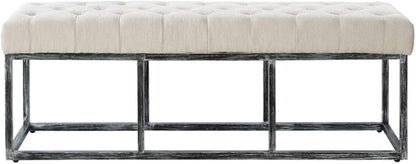 24KF Upholstered Tufted Long Bench with Metal Frame Leg, Linen Bench Ottoman with Padded Seat-Ivory