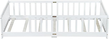 Bellemave Twin Floor Bed with Slats and Safety Guardrails, Kids Montessori Floor Beds with Fence and Without Door, Easy Assemble Floor Bed for Kids, Girls, Boys, White
