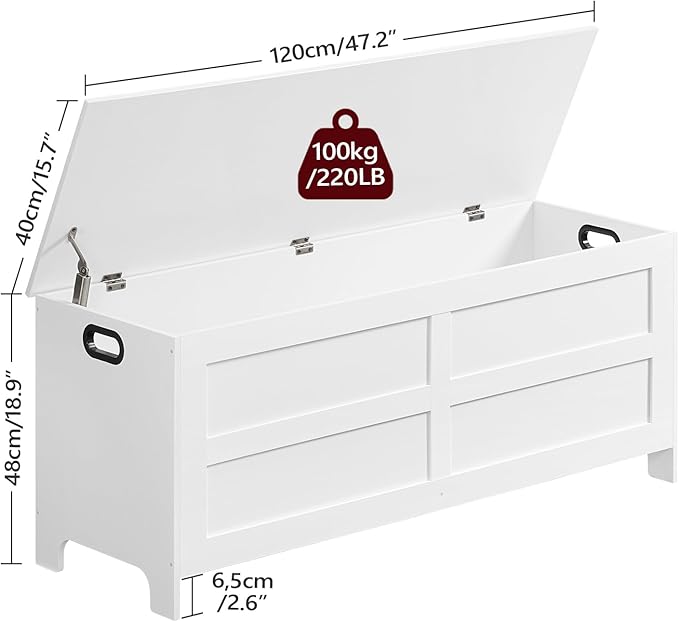 Storage Chest, 47.2” Large Toy Chest, Entryway Storage Trunk, Storage Bench with Safety Hinge, Entrance Bench for Living Room, Entrance, Bedroom, White SCWT48901