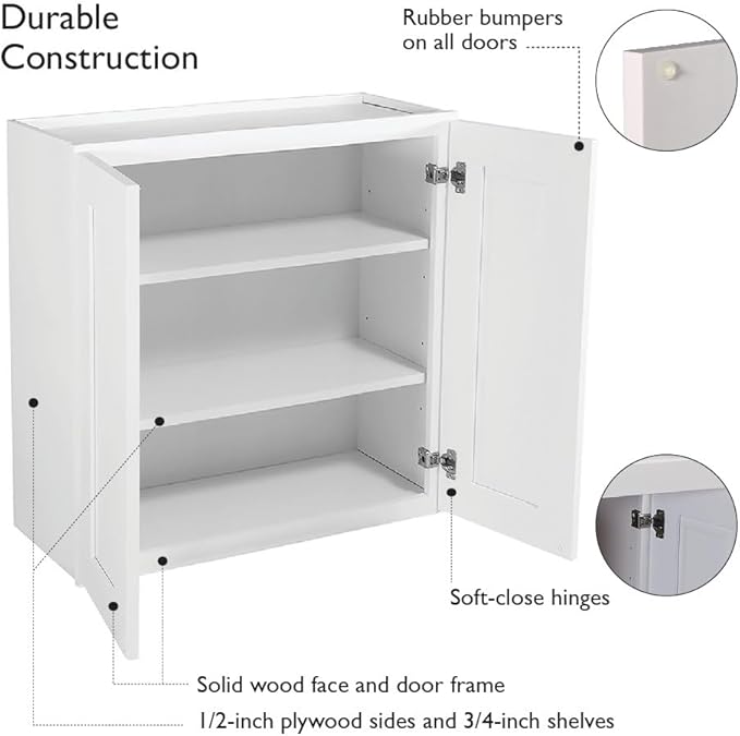 Design House Brookings Shaker Unassembled Wall Kitchen Cabinet W3324, 33 W x 12 D x 24 H, Painted White with Sherwin Williams®, Solid Wood – Design House, 561605