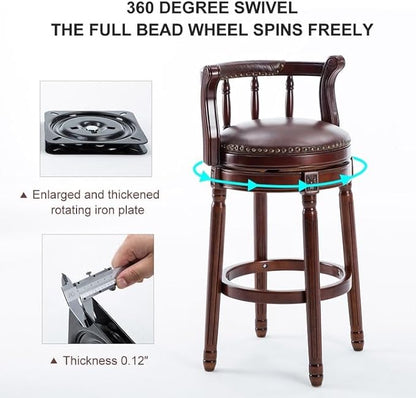 Cow top Leather Wooden Bar Stools, 360 Degree Swivel Bar Height Chair with Backs for Home Kitchen Counter, Morden Chair Barstools (Brown 2pcs, Bar Height-Seat Height 29.5”)