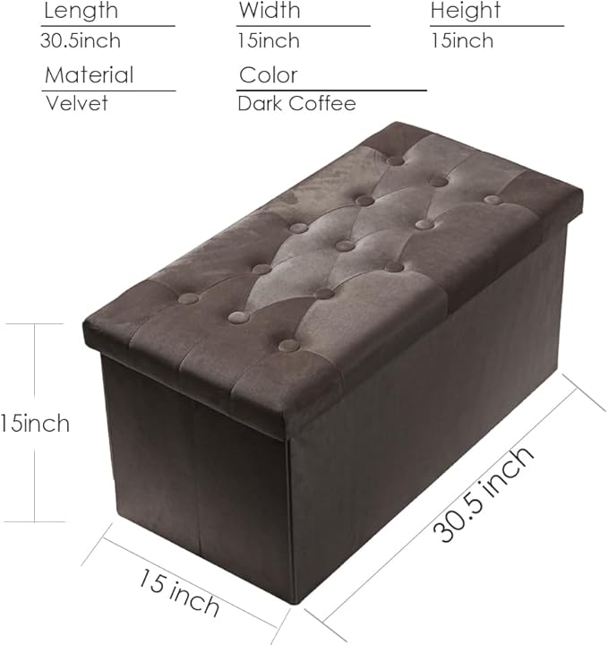 PRANDOM Extra Large Ottoman with Storage [1-Pack] Velvet Folding Small Square Foot Stool with Lid for Living Room Bedroom Coffee Table Dorm Dark Coffee 30.5x15x15 inches