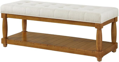 24KF Large Rectangular Upholstered Tufted Bed Bench, Linen Fabric Storage Ottoman Bench for Living Room, Padded Entryway Bench with Solid Wood Shelf,5098-Ivory