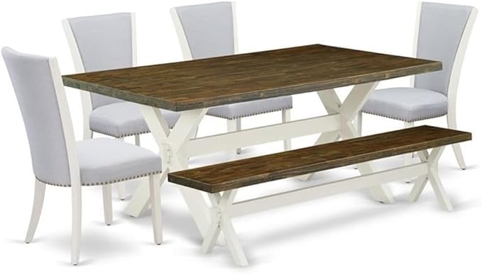 East West Furniture X077VE005-6 6 Piece Modern Dining Table Set Contains a Rectangle Wooden Table with X-Legs and 4 Grey Linen Fabric Parson Chairs with a Bench, 40x72 Inch, Multi-Color