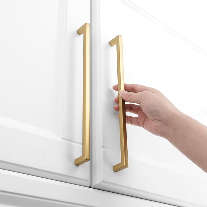 KOOFIZO Solid Square Bar Cabinet Handle - Brushed Gold Furniture Pull, 10 Inch/256mm Screwhole Distance, Pack of 5 for Kitchen Cupboard Door, Bedroom Dresser Drawer, Bathroom Wardrobe Hardware
