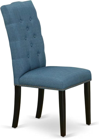 East West Furniture V627EL121-9 9 Piece Dining Table Set Includes a Rectangle Dining Room Table with V-Legs and 8 Blue Linen Fabric Upholstered Parson Chairs, 40x72 Inch, Multi-Color