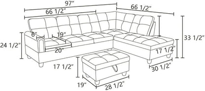 Green L-Shaped 3-Piece Flannel Sofa with Storage Ottoman Set, Sectional Couch Sofa Set for Living Room, Office, Small Space