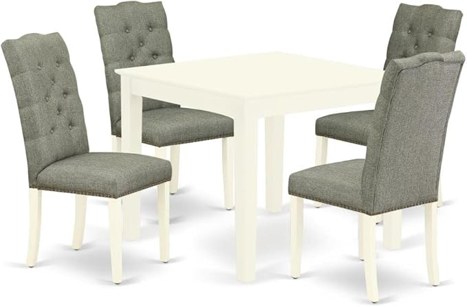 East West Furniture OXEL5-LWH-07 5 Piece Dining Room Table Set Includes a Square Kitchen Table and 4 Gray Linen Fabric Parsons Dining Chairs, 36x36 Inch, Linen White
