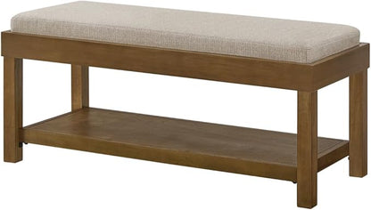 24KF Large Rectangular Storage Bench,Upholstered Seat Cushion,Ottoman Coffee Table with Linen Removable Cushion for Living Room,Entryway Bench Bed Bench with Solid Wood Shelf,5069-Linen