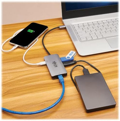 TRIPP LITE Three USB-A Ports USB-C Hub, USB 3.2 Gen 1, 5 Gbps Data Transfer, 100W Power Delivery Charging 20V 5A, Gigabit Network Port, Sturdy Aluminum Housing, 3-Year Warranty (U460-003-3AGALC)