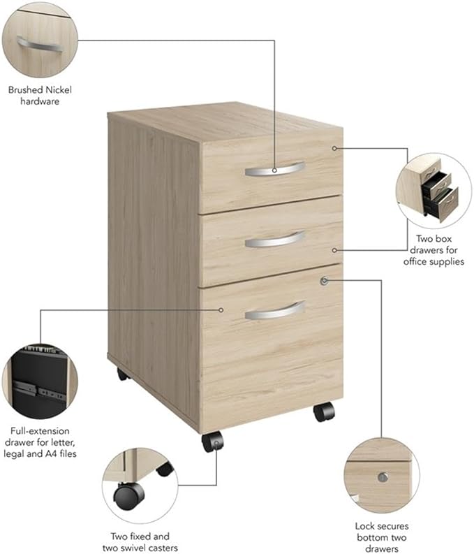 Bush Business Furniture Studio C 3 Drawer Mobile File Cabinet in Natural Elm - Assembled, Rolling Document Storage for Home or Professional Office