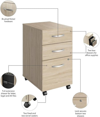 Bush Business Furniture Studio C 3 Drawer Mobile File Cabinet in Natural Elm - Assembled, Rolling Document Storage for Home or Professional Office
