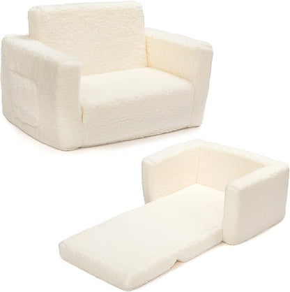 ALIMORDEN 2-in-1 Flip Out Cuddly Sherpa Kids Couch, Convertible Sofa to Lounger, Cream