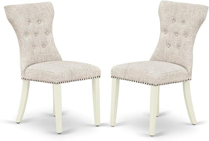 East West Furniture ANGA3-LWH-35 3 Piece Dining Room Furniture Set Contains a Round Dining Table with Pedestal and 2 Doeskin Linen Fabric Upholstered Chairs, 36x36 Inch, Linen White