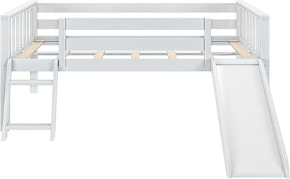 Max & Lily Twin Ultra Low Loft Bed with Slide and Climbing Ladder, Solid Wood Bed for Kids, Space Saving Design for Small Rooms, Twin Size Loft Bed with 14 Inch Guardrails, Anti Slip Steps, White