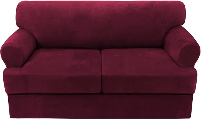 H.VERSAILTEX Sofa Cover 3 Piece T Cushion Loveseat Slipcovers Thick Velvet Couch Cover Furniture Protector Stretch T Cushion Sofa Covers for 2 Cushion Couch with 2 T Cushion Covers Washable, Burgundy