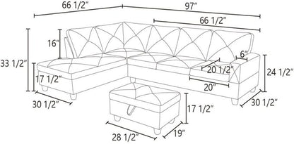 Grey L-Shaped 3-Piece Linen Sofa with Storage Ottoman Set, Sectional Couch Sofa Set for Living Room, Office, Small Space