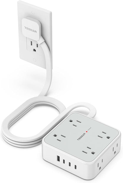 Surge Protector Power Strip, TESSAN 5 FT Extension Cord with Multiple Outlets Flat Plug, 4 USB (3 USB C) and 8 AC Outlets, 900J Protection, Wall Mount Charging Station for Home Office Supplies