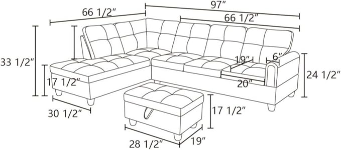 Grey White L-Shaped 3-Piece Corduroy Sofa with Storage Ottoman Set, Sectional Couch Sofa Set for Living Room, Office, Small Space