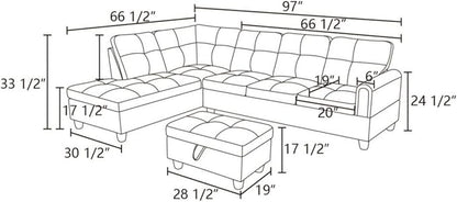 Grey White L-Shaped 3-Piece Corduroy Sofa with Storage Ottoman Set, Sectional Couch Sofa Set for Living Room, Office, Small Space