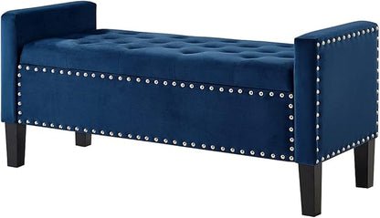 24KF Velvet Modern Upholstered Tufted Button Storage Bench with Arms for Bedroom,Entryway Living Room Soft Padded Seat-Navy