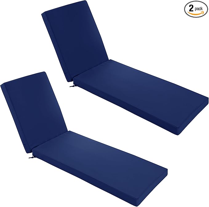 Chaise Lounge Cushions Outdoor Set of 2 - Waterproof and Fade Resistant Sun Lounger Replacement Cushions - Patio Lounger Pads with Removable Cover for Pool, Deck, 72 x 21 x 3 Inch, Navy