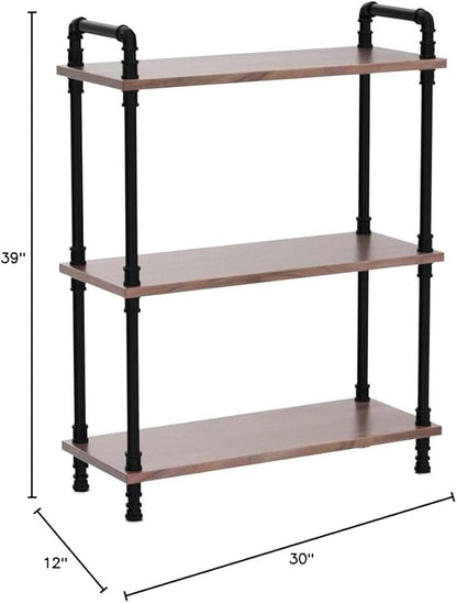 Industrial Bookshelf, 3 Tier Pipe Shelving, Industrial Pipe Shelf - Weathered Brown, 29.5" L x 11.8" W x 39" H