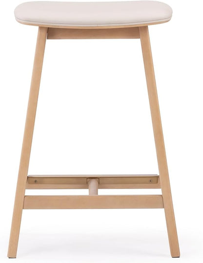 Plank+Beam Beryl Counter Height Stool - Mid-Century Modern Rubberwood Bar Stool with Faux Leather Seat, Metal Footrest, Easy Assembly, 2-Pack, Blonde/Sesame