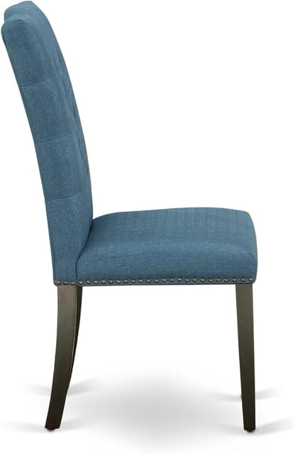 East West Furniture V627EL121-9 9 Piece Dining Table Set Includes a Rectangle Dining Room Table with V-Legs and 8 Blue Linen Fabric Upholstered Parson Chairs, 40x72 Inch, Multi-Color
