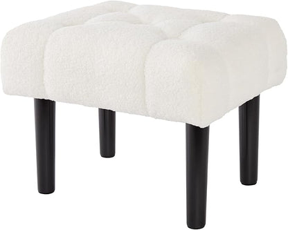 HOUCHICS Fur Padded Foot Stool, Small Ottoman with Wooden Legs, Modern Rectangle Chair Foot Rest for Living Room, Couch, Desk (White)