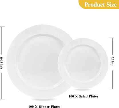 Goodluck 200PCS White Plastic Plates, Heavy Duty Disposable Plates with 100 10.25 inch Dinner Plates and 100 7.5 inch Dessert Plates for Party, Holiday, Wedding, Thanksgiving