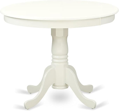 East West Furniture ANGR3-LWH-W 3 Piece Kitchen Table & Chairs Set Contains a Round Dining Room Table with Pedestal and 2 Solid Wood Seat Chairs, 36x36 Inch, Linen White