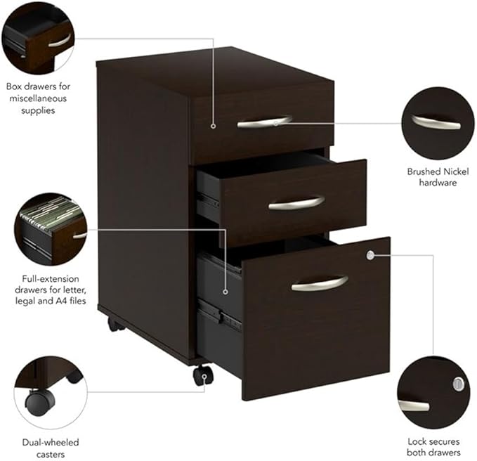 Bush Business Furniture Arrive 3 Drawer Mobile File Cabinet - Assembled in Mocha Cherry, Rolling Document Storage for Reception Area or Professional Office
