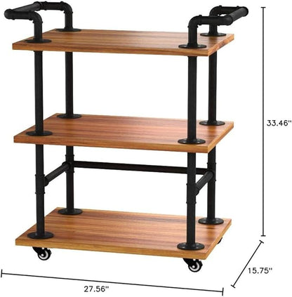 Industrial Pipe Bar Carts/Serving Carts/Kitchen Carts/Wine Rack Carts on Wheels with Shelves - Wood Rolling Carts - Wine Tea Liquor Shelves/Holder - Home Furniture